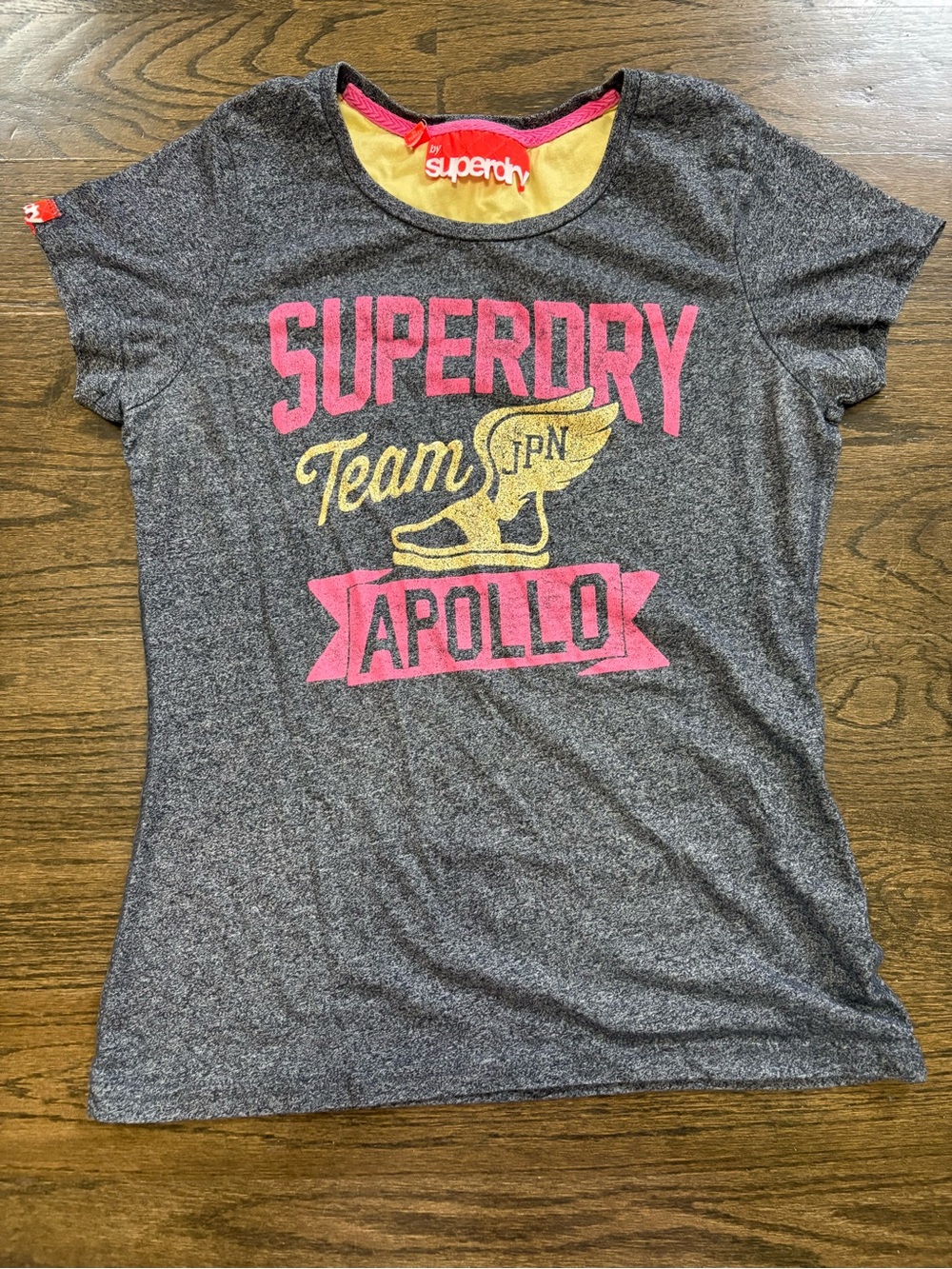 Superdry Grey Heather 'Team Apollo' Graphic Tee with Pink & Yellow Print